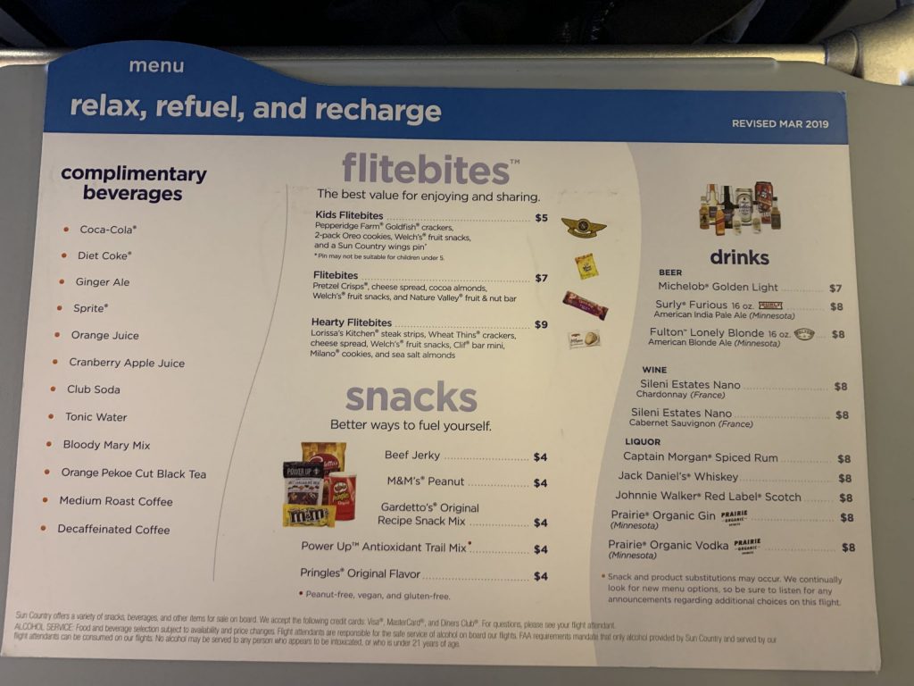 Sun Country Airlines Review Food Menu