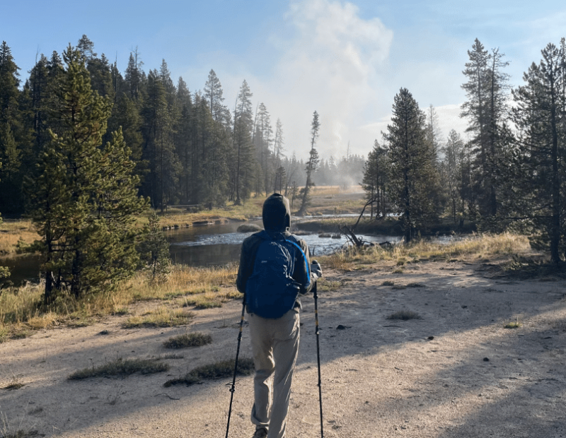 Backpacking through Yellowstone National Park with small day pack