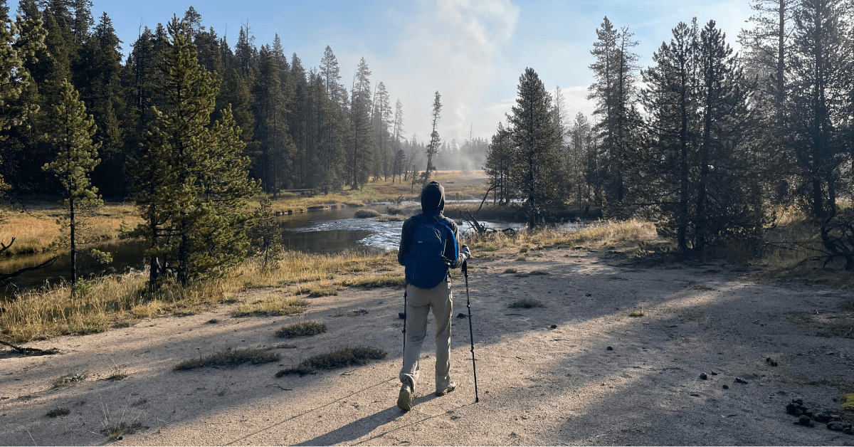 Walking in yellowstone with backpack from packing list