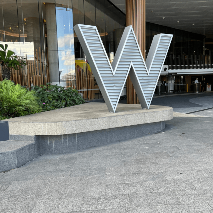 Giant W in front of hotel at W Brisbane.