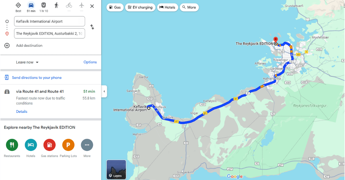 Road map of getting to edition hotel in Iceland