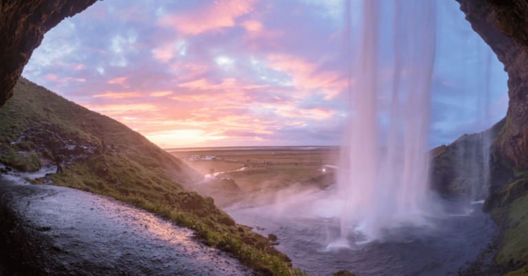 Waterfall in Iceland photographed from the backside